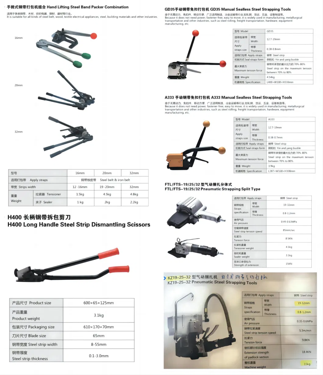 Manual/Pneumatic/Battery Powered Strapping Packing Tool for Steel/Pet/PP/Composite Strap