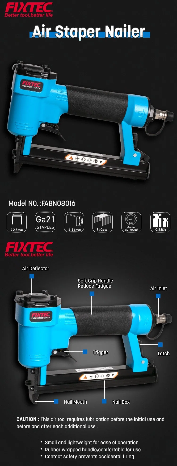 Fixtec Air Tools 16mm Nail Gun Pneumatic Air Stapler Nailer Gun Machine