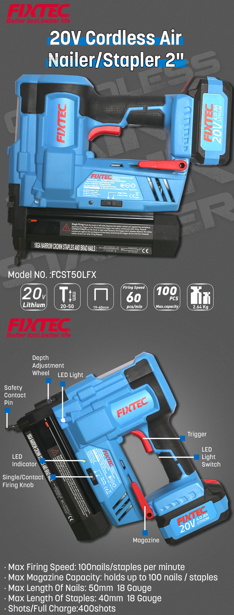 Fixtec 20V Cordless Pneumatic Nailer/Stapler Gun 2&quot; Compressed 100 Nails/Staples Per Minute Air Nailer